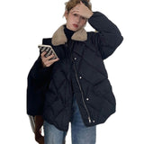 Loose Rhombus Bread Coat, Stitching Fur Collar Warm Thickened Cotton-padded Jacket for Women