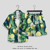 Hong Kong Style Retro Short Sleeve Printed Shirt + Shorts Set