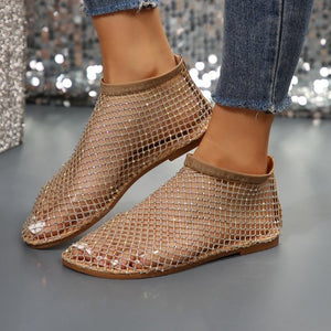 New Hollow Flat Sandals with Rhinestone Design, Summer Fashion Round Toe Shoes for Women