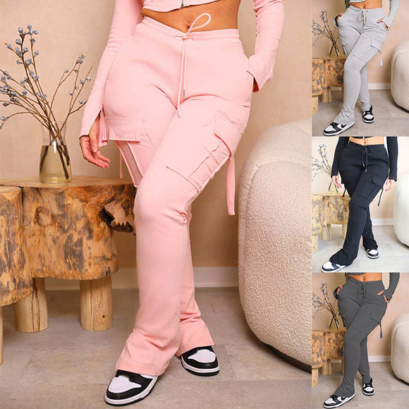 Cargo Pants with Pockets, High Waist Drawstring Wide Leg Straight Trousers for Women Overalls