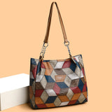 Retro Geometric Pattern Color-matching Shoulder Bag, Fashion Large Capacity Stitching Handbag or Totes for Women