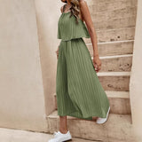 Women's Summer Solid Color Vacation Loose Suit, Backless Strap Thin Romper Streetwear, INS One-piece Outfit Beach Style, Striped Wide Leg Trousers Casual Dress
