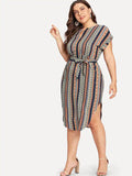 Fat Sister's Belt, Stripe Slim Look V-neck Dress