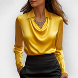 Women’s Satin Draped Swing Collar Blouse – Elegant Solid Long-sleeve Office Top for Spring
