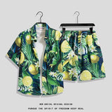 Hong Kong Style Retro Short Sleeve Printed Shirt + Shorts Set