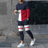 Men's Sports and Leisure Suit Pullover Round Neck Long Sleeves Striped Sweater Two Pieces Suit