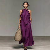 Ruffled Halter Neck Maxi Dress – Sleeveless Resort Style Flowy Party Wear
