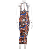 Fashion Printed, Lace Up Sexy Halter, Midi Skirt