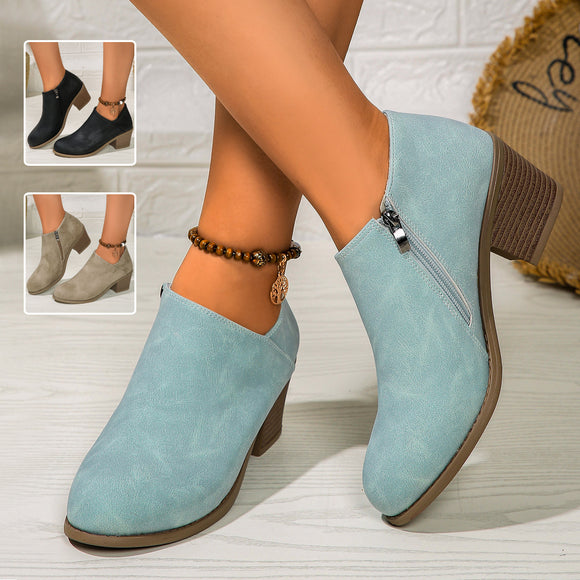 Chunky Heel Round Toe Ankle Shoes with Side Zipper Design, Fashion Fall Winter Short Boots for Women