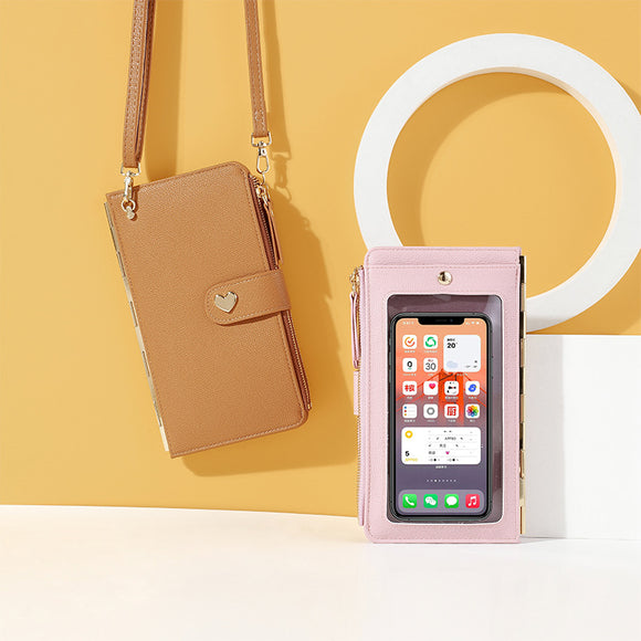 Mobile Phone Bags with Transparent Touch Screen Love Buckle Long Wallet, Women's Multifunctional Crossbody Shoulder Bag