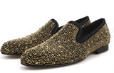 Men's Slip-on Black Leather Loafers, Golden Diamond Design, Casual Style