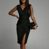 Summer V-neck Sleeveless Split Dress, Fashion Slim High Waist Party Club Clothing for Women
