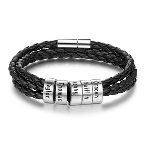 Men's Braided Genuine Leather Bracelet, Stainless Steel Beads, Charm Band for Boys