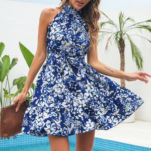 New Flowers Print Halterneck Dress, Summer Fashion Temperament Lace-up Ruffled Frock for Women