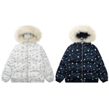 Winter New Cute Full Printed Fur Collar Hood Cotton Jacket