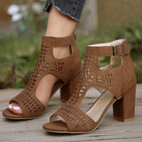 New High Square Heel Hollow Roman Shoes with Back Zipper Design, Summer Fashion Sandals for Women