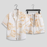 Hong Kong Style Retro Short Sleeve Printed Shirt + Shorts Set
