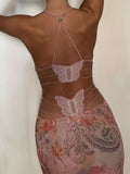 Floral Print Halter Spaghetti Straps Dress, Sexy Slim Butterfly Back Spring Summer Women's Gown