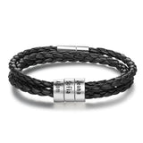 Men's Braided Genuine Leather Bracelet, Stainless Steel Beads, Charm Band for Boys