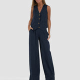 Summer Vest Suits, V-neck Bottom Sleeveless Top and Loose Straight Trousers, Casual Women's Clothing