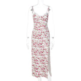Lace Flowers Print Long Dress, Sexy Fashion Slit Suspender Gown, Summer Women's Clothing