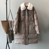 Rabbit Fur Collar, Waist Drawstring, Long Warm Cotton Jacket