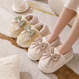 Big Bow-knot Fluffy Winter Warm Covered Heel Cotton Thick-soled Platform Slippers, Indoor and Outdoor Garden Walking Shoes
