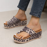 Fashion Leopard Print Wedge Slippers for Women, New Thick-sole High Heel Flip Flops, Summer Outdoor Shoes