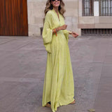 Women’s V-neck Batwing Sleeve Long Dress – Loose Fit Waist Tie Elegant Outfit