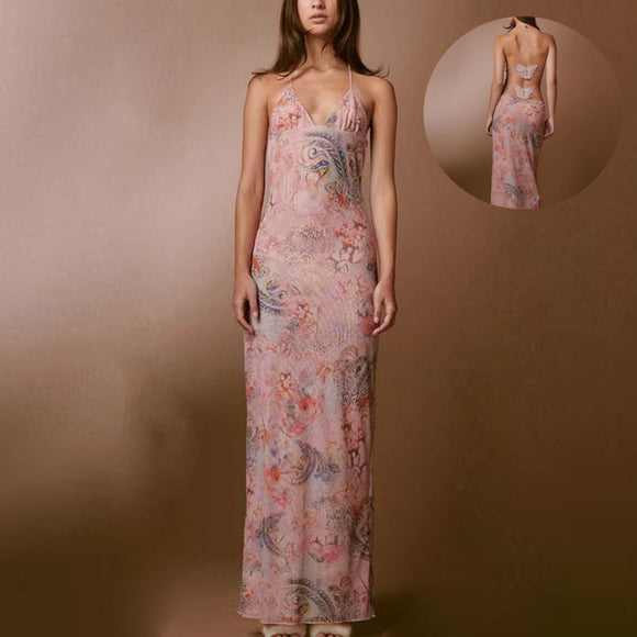 Floral Print Halter Spaghetti Straps Dress, Sexy Slim Butterfly Back Spring Summer Women's Gown