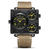 Vintage Style Square Dial Watch with Wide Display – Multi-time Zone Leather Sports Device