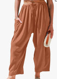 Stretched-waist Pleated High-waisted Wide-leg, Loose Casual, Cotton and Linen Long Pants