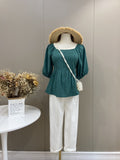 Short Shirt with Square Neck Pleated Temperament