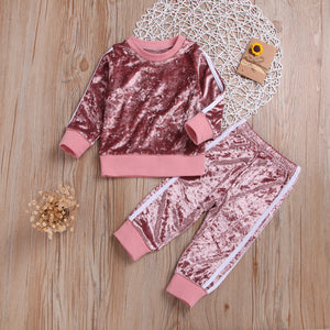 Breathable Clothes Set, Cute Fashion O-neck Long Sleeve Gold Velvet Sweatshirt Trousers, Baby Girls Tracksuit Sets