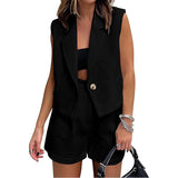 Leisure Commute Button Sleeveless Midriff-baring, Vest Coat and High Waist Shorts, Two-piece Set