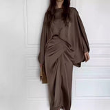 Batwing Sleeve Belted Solid Color Gown – Elegant Loose Fit Women’s Dress