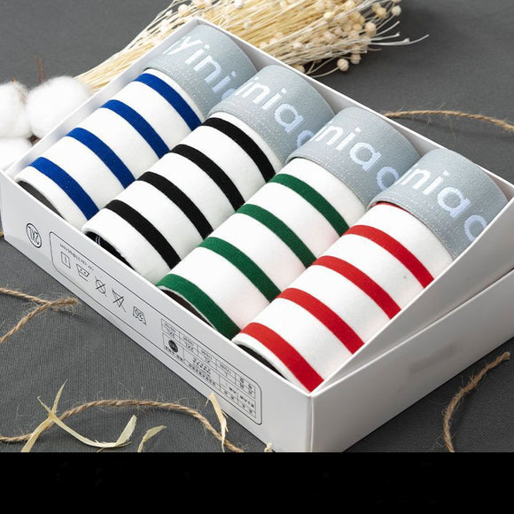 A Box of 4 Pcs, Men's Full Cotton Striped Printed Boxers, Explosion Style Trunks