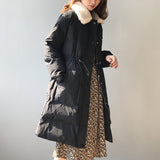 Rabbit Fur Collar, Waist Drawstring, Long Warm Cotton Jacket
