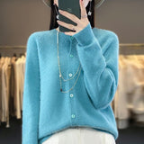 Fashion Merino Wool Cardigan Sweater, Women's O-neck Long-sleeve Cashmere Knitwear, Spring Autumn Female Clothing Tops