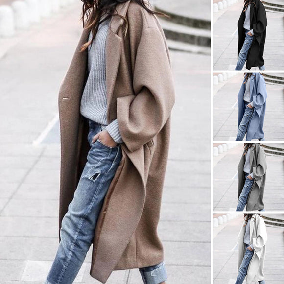 Casual Long Jacket with Pockets, Solid Color Single Breasted Lapel Woolen Coat for Women, Warm Winter Clothing