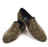 Men's Slip-on Black Leather Loafers, Golden Diamond Design, Casual Style