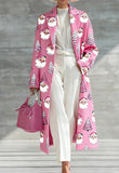 Printed Casual Lapel Long Coat – Full-sleeve Women’s Outerwear