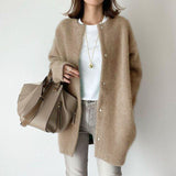 Loose Round Neck Single Breasted Cardigan, Fashion Solid Color Coat Jacket, Autumn and Winter Women's Clothing