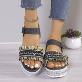 Fashion Tassel Denim Sandals with Thick-soled Flat Heels, New Summer Hemp Rope Sole Ethnic Style Shoes for Women