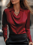 Women’s Satin Draped Swing Collar Blouse – Elegant Solid Long-sleeve Office Top for Spring