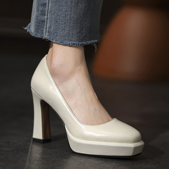 Horse Oil Leather Thick Heel Shoes