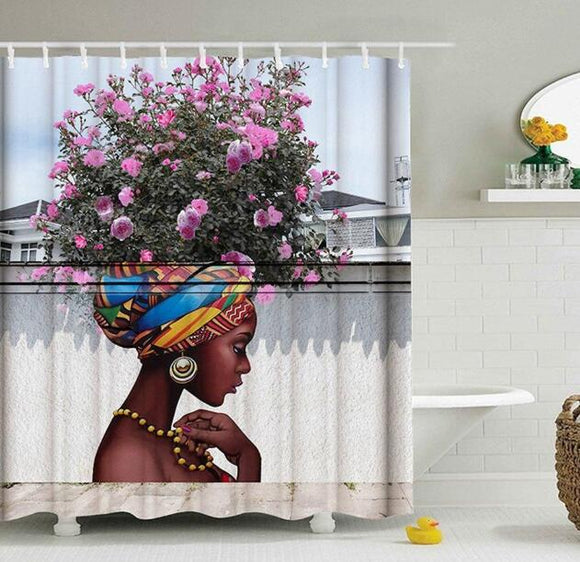 Art Design Graffiti, Hip Hop African Girl with Black Hair and Big Earring, Modern Building Shower Curtain for Bathroom Decor