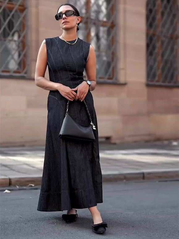 Round Neck Sleeveless Maxi, Women's Denim Dress