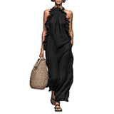 Ruffled Halter Neck Maxi Dress – Sleeveless Resort Style Flowy Party Wear