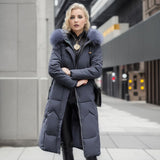 Women's Quilted Cotton-padded Over-the-Knee Jacket with Large Fur Collar